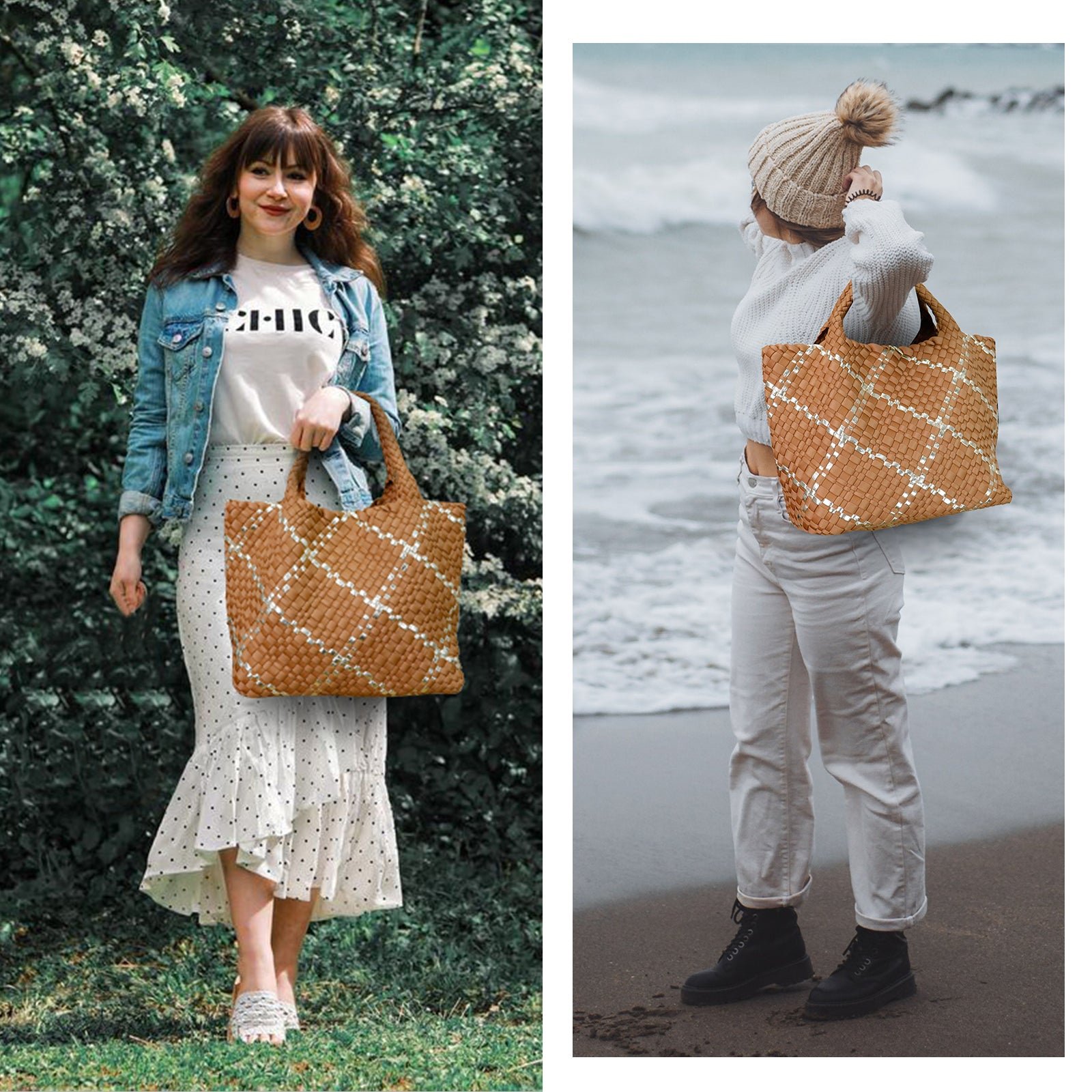 Colorblock Neoprene Woven Bag - Camel - Image 7